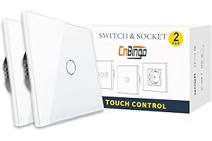 CNBINGO 2 pièce Interrupteur unique, interrupteur tactile Blanc, avec panneau de verre du système tactile et LED d'état, le conducteur neutre n'est pas requis, 1 voies 1 pôle, AC 240 V, 500 W/voies