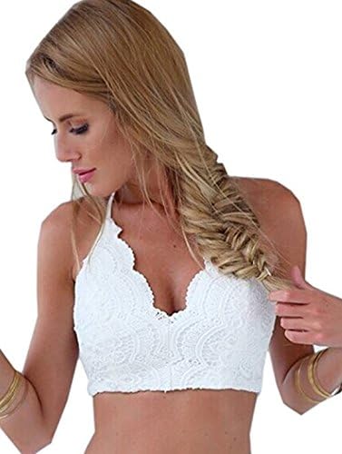 Women Camisole Bra Lace Crop Top Crochet Floral Unpadded Bustier Knitted Beach Bikini Halter Cami Tank Top Vest White