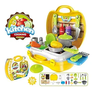 Ethnic Forest Kitchen Play Set with Lights & Sound for Girls | Kitchen Set for Kids Girls Toys | Kids Toys for Girls Kitchen Cooking Toy Set with Briefcase for Girls (Yellow) (Kitchen Set)