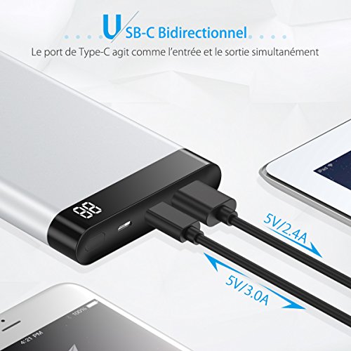 POWERADD Virgo I Batterie Externe 10000mAh  2 Port Sorties et 2 Port Entr  es Entr  e   sortie de Type-C   avec Ecran LED Charge Rapide pour iPhone  iPad  Android Smartphones  Samsung Galaxy et D autres Appareils -Argent