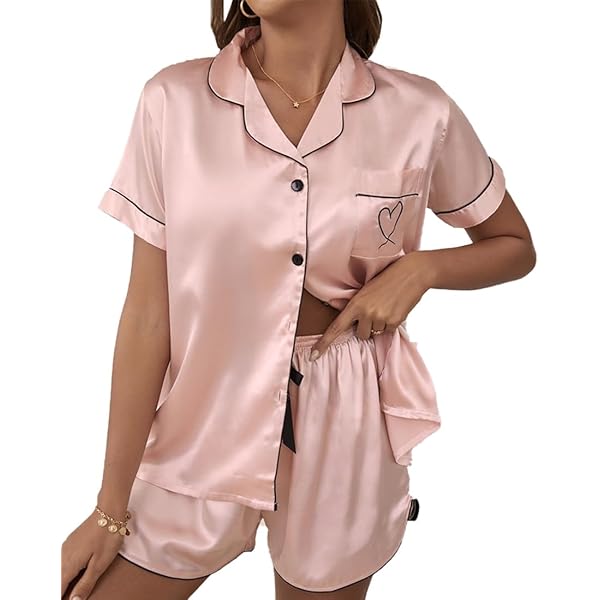 LUSLOVE Damen Schlafanzug Satin - V-Ausschnitt Pyjama Set Mit Shorts