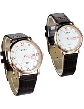 JewelryWe 2pcs Herren Damen Armbanduhr, Analog Quarz Wasserdicht, Exquisite Braun Leder Armband Uhr mit Weiss...