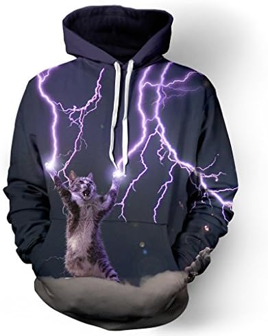 Trackstar Unisex Realistic 3D Galaxy Printed Big Pockets Drawstring Pullover Hoodie Hooded Sweatshirt (Cat, S/M)