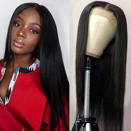 Brazilian Straight Lace Front Wigs Human Hair with Baby Hair Glueless Lace Front Human Hair Wigs Pre Plucked 180% Density Natural Black for black women (20 inches)