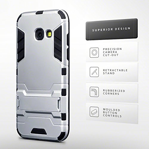 Samsung Galaxy A3 2017 Carcasa H brida de Silicona Polycarbonato Doble Resistencia y soporte para mesa - Plata Samsung Galaxy A3 2017 Carcasa H brida de Silicona Polycarbonato Doble Resistencia y soporte para mesa - Plata