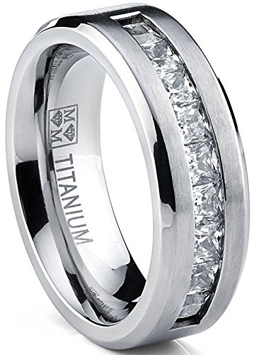 Ultimate Metals® Anillo de Matrimonio Titanio Para Hombre, Alianaza de Boda Con Circonitas Talla Princesa 8mm