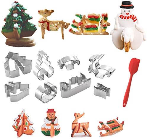 3D Christmas Cookie Cutters Set, Stainless Steel Food Grade Cake Mold DIY Biscuit Baking Tool, Including Snowman, Xmas Tree, Reindeer, Sleigh - 8pcs with 1pcs Silicone Spatula