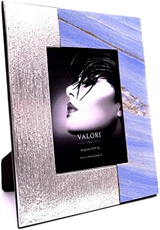 VALORI Romantic Stone 925 Sterling Silver Photo Frame 5 x 7 with Slab of Natural Stone Mahogany Back