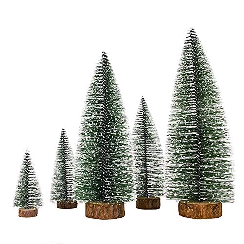 XONOR 5 Pieces Artificial Mini Christmas Sisal Snow Frost Trees with LED Fairy String Light, Bottle Brush Trees Plastic Winter Snow Ornaments Tabletop Trees for Christmas Party Home Decoration