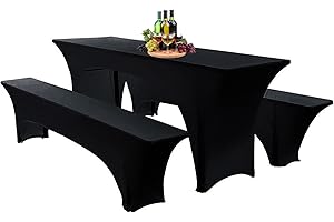 SHUOJIA Elastische Hussen Für Bierzeltgarnitur Biertischhussen Bierbank-Auflage & Tischdecke 50 cm Oder 70 cm Tischbreite, 3 TLG Set Stretch Hussen Für Festzeltgarnituren Bierbank (50cm,Black)