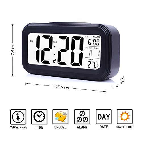Ankoda® batteriebetriebener LED Digital-Wecker mit extra großem Display, Snooze, Datumsanzeige, Temperatur und Sensor Licht (schwarz) - 3