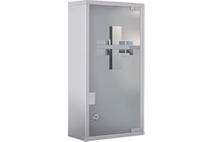 HOMCOM Armoire à Pharmacie 2 étagères 3 Niveaux verrouillable Porte Verre trempé dépoli Logo Croix 25L x 12l x 48H cm Acier INOX