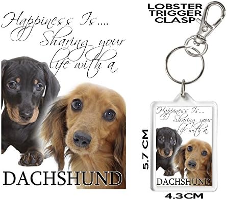 DACHSHUND KEYRING, Happiness Is.... Excellent affordable Birthday, Christmas, Mother's Day or other celebration Gift. Can Be Personalised. Matching Ceramic SAUSAGE DOG Mug and Acrylic Coaster Available
