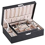 BEWISHOME Jewelry Box 4 Armbanduhr Organizer Abnehmbare Tablett Schmuck Display Aufbewahrungsbox, 7 Halskette Haken – Samt Futter – Ohrring Ring Armband Fall Frauen Mädchen – Schwarz PU Leder ssh07b