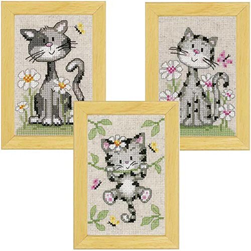 Vervaco PN-0147743 Miniaturen Katzen mit Blumen aida, 3-er set