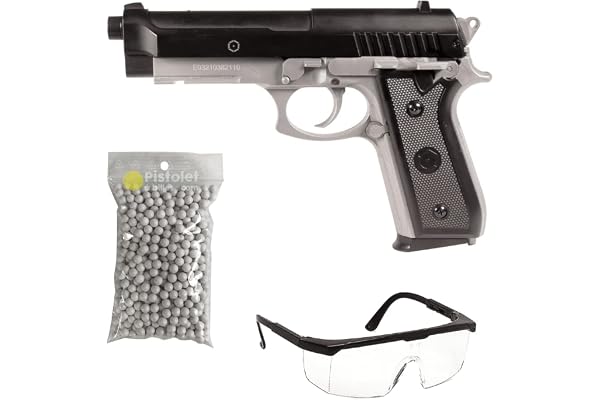 2EAGLE Pack Airsoft Pistolet modèle PT92 Bicolore à Ressort-ref: 210125/matière: Plastique Haute résistance et Culasse métal/Puissance 0.5 Joule/livré avec Accessoires, 220 mm