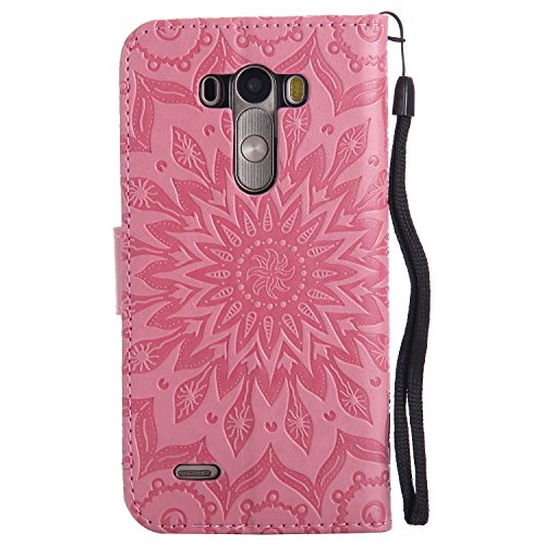 LG G3 Hülle,LG G3 Leder Wallet Tasche Brieftasche Schutzhülle,Cozy Hut® Prägung Sunflower Muster PU Lederhülle Flip Hülle im Bookstyle Cover Schale Stand Ständer Etui Karten Slot Schutzhülle Pink Tasche Wallet Case für LG G3 / D858 5,5 Zoll – Rosa - 2