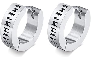 PSOWQ 1 par de pendientes de aro vikingos nórdicos para hombre, amuleto de protección, regalos de joyería, pendientes de acero inoxidable para hombre con runas nórdicas de anciano Futhark, plata