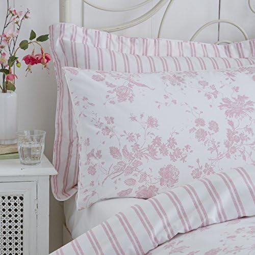 Modern Floral Stripe Print Design Standard Housewife Pillowcase Pair, White / Pink - 50 x 75 cms