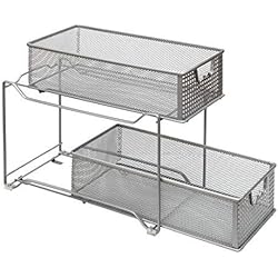 Amtido Panier de rangement coulissant à 2 niveaux pour placard de cuisine, salle de bain, tiroirs coulissants sous évier Argenté