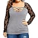 Produktbild OVERDOSE Groß Größe Frauen Damen Frühling Sommer Shirt Oberteil Spitze Patchwork T-Shirt Langarm Tops Bluse(A-Gray,2XL)