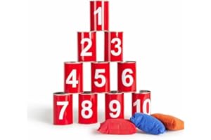 BS Toys Dosenwerfen - Wurfspiel für Kinder - Spielzeug für Draußen - Outdoor - ab 3 jahre - Rot Nummerierte Blechdosen und 3 Wurfsäcke - Einheitsgröße