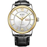 Burei Herren-Automatikuhr mit automatischem Aufzug und Datum mit römischen Ziffern, großes Zifferblatt, Edelstahl-Lederarmband (Gold-Schwarzes Leder)