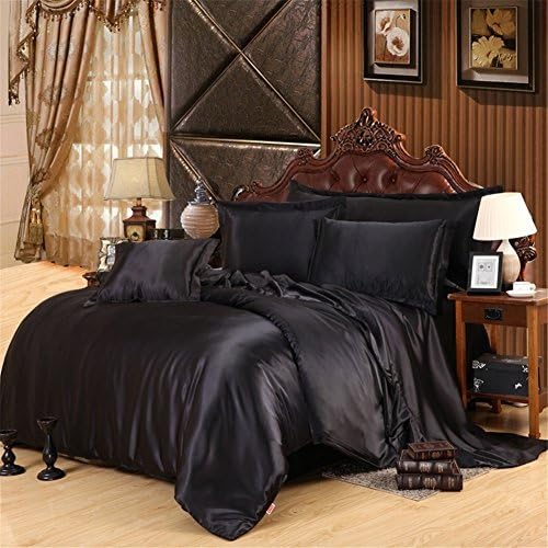 Simonshop 4pcs Super Soft Bedding Set King Queen Size Silk Comforter Bedclothes Duvet Cover Set Pillowcase (black)