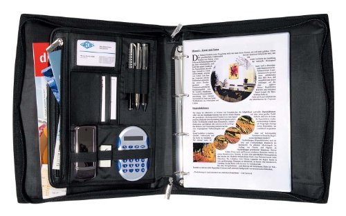 Wedo - Carpeta organizadora para conferencias  archivador de 4 anillas  tama  o A4  soporte para documentos  tarjetero  sujeci  n para bol  grafos  cierre con cremallera  asa de mano   color negro