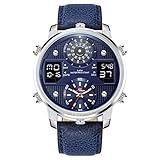 Gskj Herrenuhr Sportuhr Leder der Männer Wasserdichtes großes Zifferblatt Quarz-Digitaluhr Doppelte Zeit Herrenuhr,B