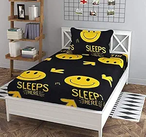 VIVEA RESERVE Glace Cotton 1 Single Bed Bedsheet and 1 Pillow Cover - (60 x 90 inch, 18 x 27 inch, Black, Smiley Design)