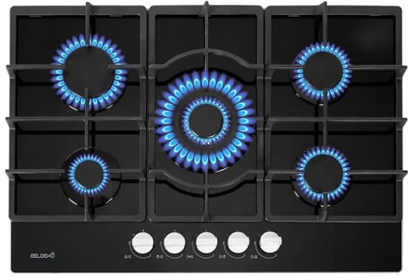 Plaque gaz 5 feux en verre noir - Brûleurs et grilles en fonte - 10 800 Watts encastrement 56x49 cm