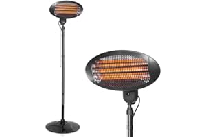 BAKAJI Stufa da Esterno al Quarzo Infrarossi per Patio Gazebo Fissaggio a Parete o Piantana da Terra Altezza 210 cm Regolabile Fungo da Esterno Termostato regolabile Potenza Massima 2000W