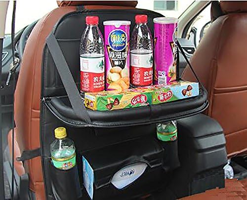 LIYUU PU Leather Car Back Seat Organiser Foldable Car Dining Table Kids With Tablet Ipad Kick Mat Protector Storage Tray,Black