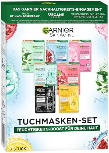 Garnier Set di maschere in panno per ogni tipo di pelle, 7 maschere per il viso per pelli secche a normali, formula vegana con acido ialuronico, Hydra Bomb e Nutri Bomb set maschere 7 x 28 g