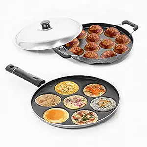 HOMEST Combo of Mini Uttappam Pan (7 Cups) and Appe Pan Appam Patra (12 Cavity), Black - Gas Stove Compatible - Made in India (Mini Uttappa 7 Cavity + Appa Patra 12 Cavity)