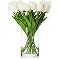 ENOVA HOME 20 Pieces Artificial Real Touch Tulips Flower Arrangement in Glass Vase with Faux Water for Home Decoration (White)