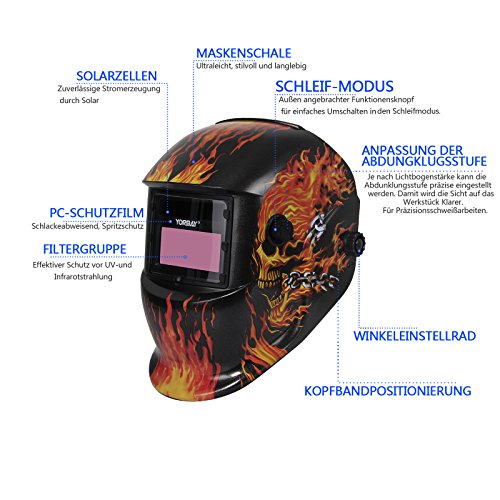Yorbay® Solar Automatisch verdunkelnd Schweißhelm Schweißmaske mit 5 Stück Ersatzgläser, Schleif-Funktion (Skull, Eisenkette) - 2