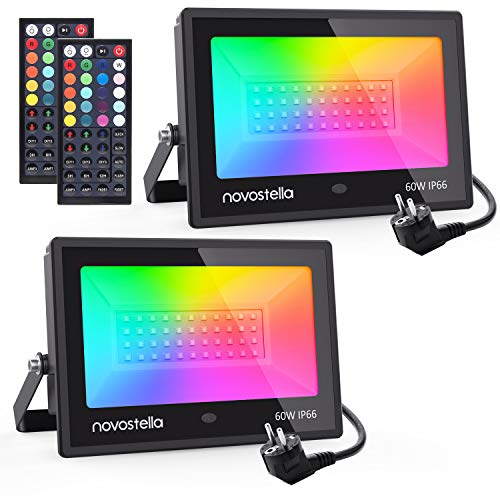2 x 60W Faretto LED Esterno RGB, Novostella 20 Colori 6 Modalità LED Proiettore RGB Impermeabile IP66 con Telecomando IR a 44 Tasti, Funzione di Memeria/Timing, Luce Decorazione per Natale, Giardino