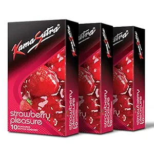 KamaSutra Strawberry Pleasure Flavored Condoms, Fun of Flavors for Men & Women, Dotted for Extra Stimulation, Clear, 10 Count, Pack of 3