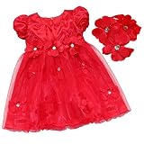 iEFiEL Newborn Baby Girl Red Christmas Party Flower Petals Tutu Dress Flower Headband Outfits 12-18 Months