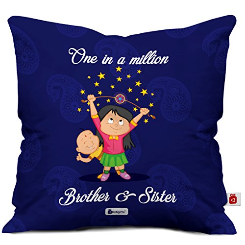 Indigifts Micro Satin, Fibre and Cotton Indibni One In A Million Siblings Quote Printed Cushion Cover, 12x12-inch (Dark Blue)