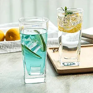 SYANKA Premium Juice and Water Glasses Set of 6 Transparent, 300ml, Drinking Water Glasses Stylish and Crystal Square Highball Glasses for Water, Juice and Cocktails