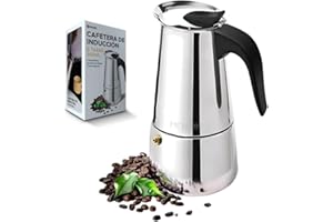 Meyson Cafetera Italiana en acero inoxidable 6 tazas (300 ml) Cafetera Italiana inducción para espresso. Compatible con gas, vitrocerámica e inducción. Uso doméstico y oficina. Cafetera Moka.