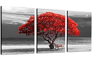 hyidecorart Quadri Moderni Soggiorno, 3 Pezzi Quadro Natura Albero Rosso Stampe Quadro Su Tela, Decorazioni Camera Da Letto Bagno Cucina Ufficio Sala Da Pranzo Bar