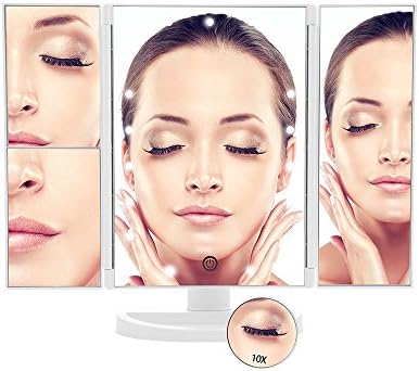 iMissiu Lighted Makeup Mirror with 21 LED Lights, 10x/3x/2x Magnification, Tri-Fold Vanity Mirro with Touch Screen, Battery and USB Powered, Portable High-Definition Travel Cosmetic Mirror (White)
