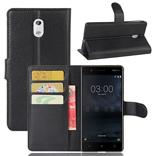 Nadakin Nokia 3 Calidad Premium Cartera de Cuero con Carcasa de Teléfono Flip Funda con Soporte Magnetico de Cierre para Nokia 3(Negro)