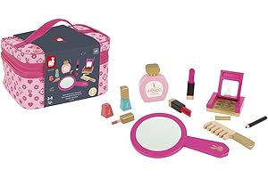 Janod - P'tite Miss Vanity Case for Children - 9 Solid Wood Accessories Included - Pretend Play Toy Beauty and Cosmetic, J06514, Pink