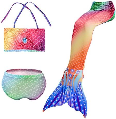 Fadirew 3PCS Girls Mermaid Tail Swimsuit Mermaid Shell Bikini Princess Kids Cosplay Costume Fancy Sea-Maid Swimwear Set Swimming Costume, Rainbow, 100cm