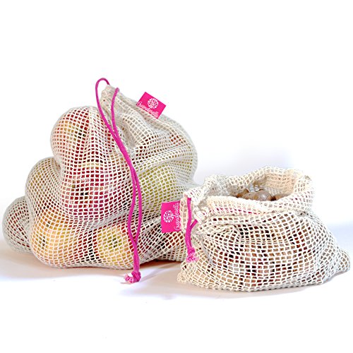 Wiederverwendbare Obst- und Gemüsebeutel aus Bio-Baumwolle mit Kordelzug - Einkaufsnetz / Lebensmittelbeutel im 2er Set pink (L,M)